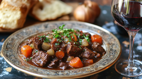 boeuf bourgignon dans un plat avec un verre de vin sur la table