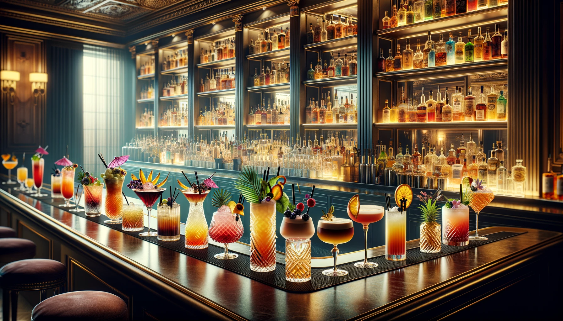 différents cocktails posé sur un bar luxueux