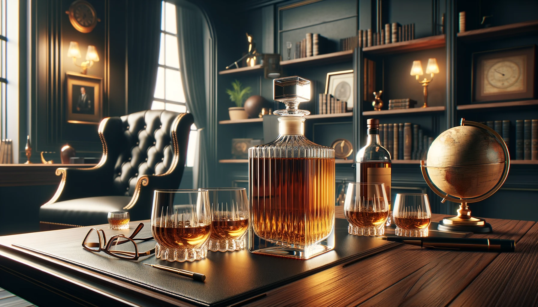 une carafe a whisky dans un bureau luxueux