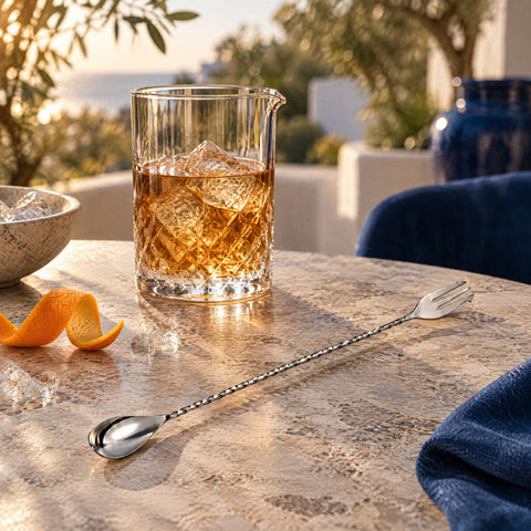Cuillère de bar Olivette à plat près d'un verre à mélange de cocktail ambré et glaçons, zeste d'orange, éclats de glace