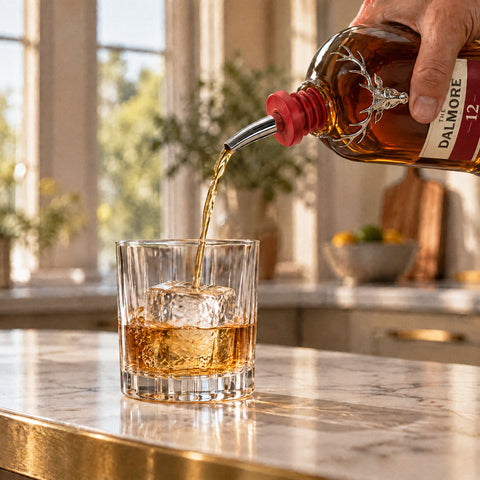 Main de barman versant un whisky ambré d'une bouteille de single malt par le bec verseur Filet dans un tumbler à gros glaçon
