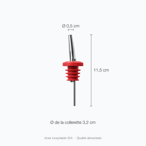 Bec verseur Filet sur fond blanc avec cotes : hauteur 11,5 cm, diamètre du haut 0,5 cm, diamètre de la collerette 3,2 cm