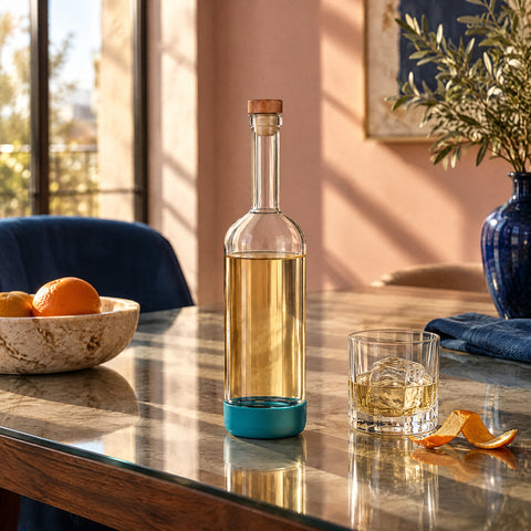 La bouteille à sirop Cyprès remplie d'alcool infusé ambré pâle, bouchon en bois, verre bas avec glaçon et zestes d'orange