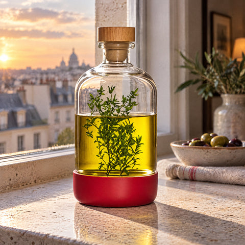Bouteille en verre à bouchon bois Manchon remplie d'huile d'olive et de thym, coupelle d'olives sur un rebord de fenêtre