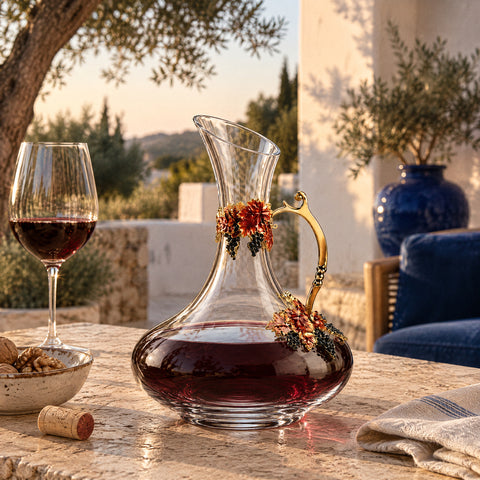 Ancienne carafe à vin en Forme aiguière Vintara, mise en situation à table