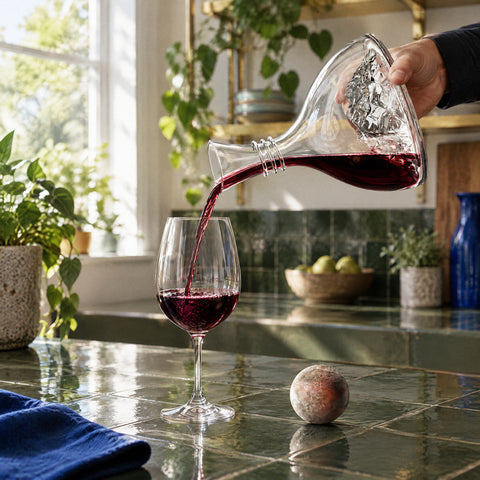 Carafe à Vin Haut de Gamme Prestige, en service : vin rouge versé dans un verre à pied