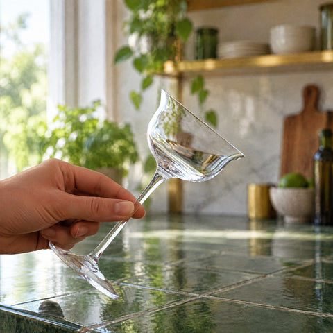 Une main tient la coupe à champagne Étamine inclinée par la jambe, plan carrelé vert, plantes et étagère dorée au fond