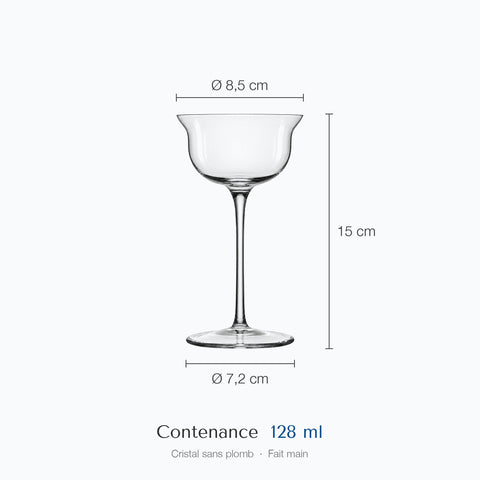 Cotes de la coupe à champagne Étamine : hauteur 15 cm, diamètre du haut 8,5 cm, de la base 7,2 cm, contenance 12,8 cl