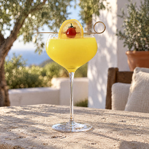 Coupe à cocktail Écume remplie d'une boisson jaune mousseuse, citron séché et cerise sur pique en bois, oliviers flous