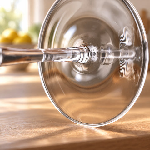 Gros plan sur la coupe à cocktail côtelée Arpeggio couchée sur un plan en bois clair, tige et bouton annulaire, citrons flous au fond.
