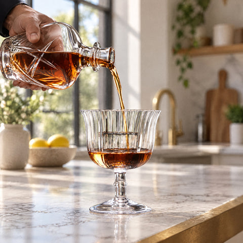 Carafe en cristal versant un spiritueux ambré dans la coupe à cocktail Arpeggio, cuisine lumineuse aux grandes fenêtres