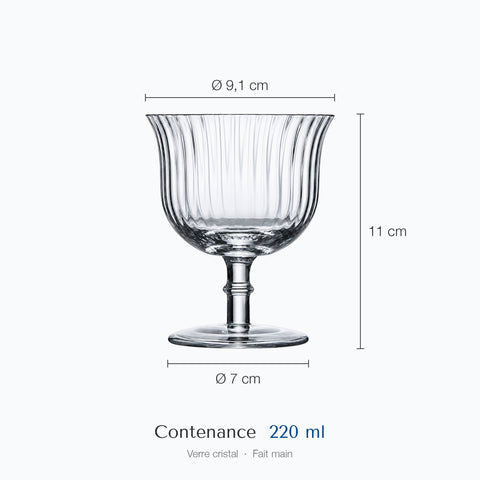 Coupe à cocktail Arpeggio avec cotes : 11 cm de haut, 9,1 cm de diamètre au bord, 7 cm à la base, contenance 22 cl