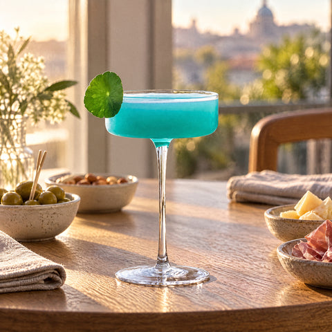 Verre à cocktail Semplice rempli d'un mélange turquoise trouble, feuille verte au bord, tapis de bar noir sur table en chêne