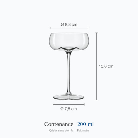 Coupe à cocktail Soprano cotée : hauteur 15,8 cm, diamètre 8,8 cm en haut et 7,5 cm à la base, contenance 20 cl