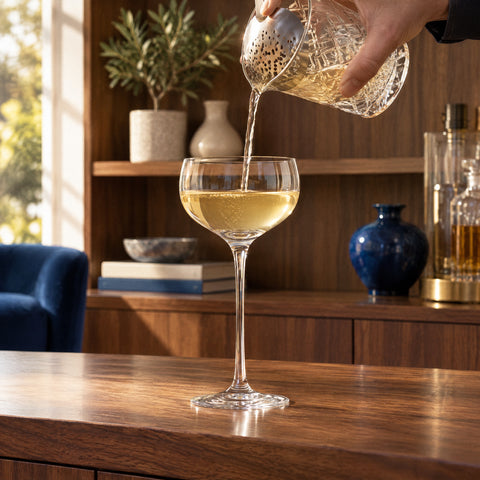 Main versant un mélange jaune doré à travers une passoire julep dans la coupe à cocktail Nacelle, meuble bar en noyer