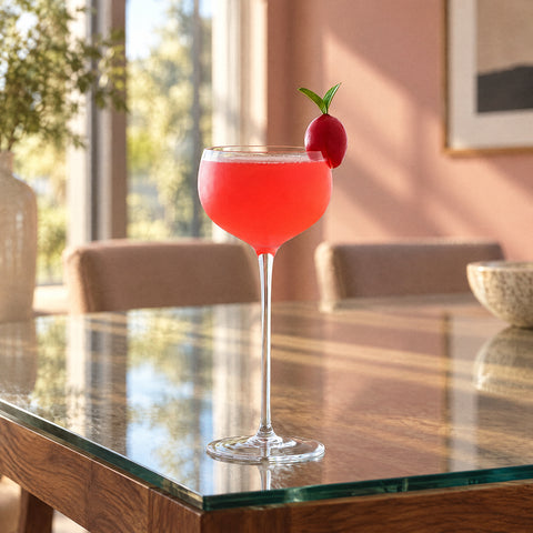 Coupe à cocktail Nacelle remplie d'une boisson rose-rouge, fruit rouge à deux feuilles au bord, mur rose poudré flou