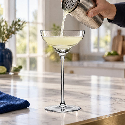 Main versant un cocktail jaune-vert du shaker à travers une passoire dans la coupe à margarita Nénuphar, îlot en marbre blanc