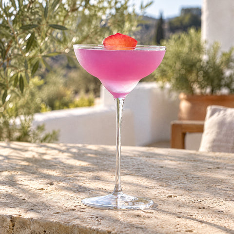 Coupe à margarita Nénuphar remplie d'un cocktail rose mousseux, fruit rond sur le bord, tapis de bar noir, oliviers en fond