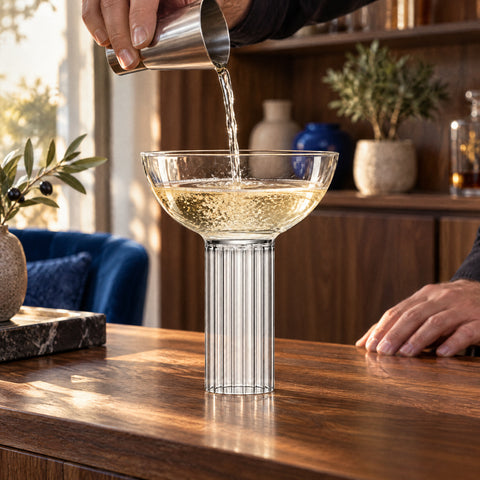 Main de barman versant un cocktail pétillant doré pâle d'un doseur dans la coupe à champagne Tambour, meuble bar en noyer