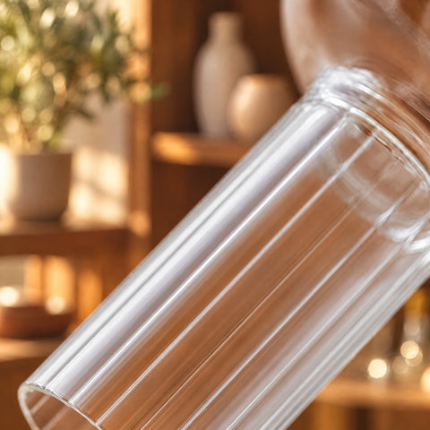 Gros plan incliné sur le fût aux cannelures verticales de la coupe à champagne Tambour, étagère en bois, vases et olivier flous en fond