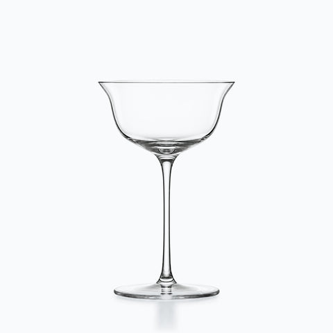 Coupe sur pied en verre transparent, calice hémisphérique à lèvre relevée sur tige fine