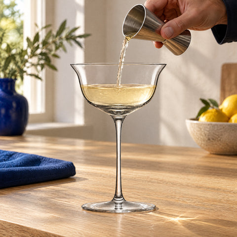 Main versant au jigger en acier une boisson jaune paille dans le verre à cocktail Lotus, îlot en chêne et bol de citrons
