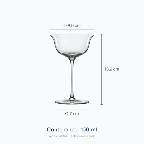 Verre à cocktail Lotus coté sur fond blanc : hauteur 13,9 cm, diamètre du haut 8,9 cm, de la base 7 cm, contenance 15 cl