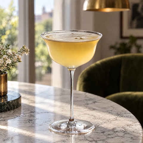 Verre à cocktail Lotus rempli d'une boisson jaune pâle à fine mousse, table ronde en marbre blanc et suspension en laiton