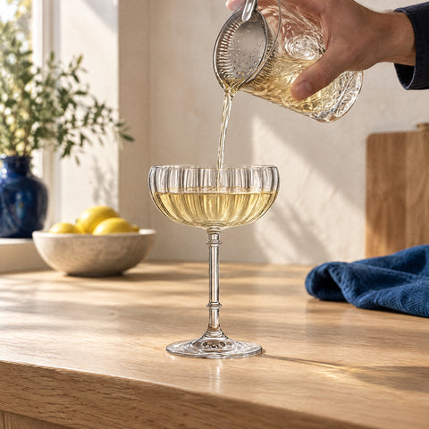 Main versant un cocktail doré pâle d'un verre à mélange à travers une passoire julep dans la coupette Cordon, îlot en chêne