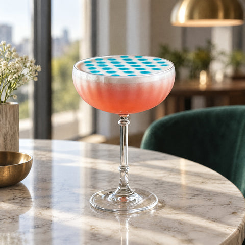 Cocktail rose pâle à mousse blanche et points turquoise dans la coupette Cordon, lampe en laiton et fauteuil en velours