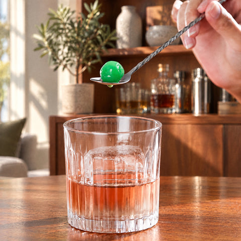 Main tenant la cuillère de bar Hampe, olive verte au cuilleron, sur un verre côtelé de boisson rose pâle, meuble en noyer