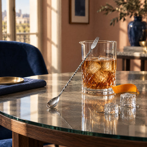 Cuillère de bar Hampe à plat, fourchette contre un verre à mélange de cocktail ambré, zeste d'orange, deux glaçons fondants