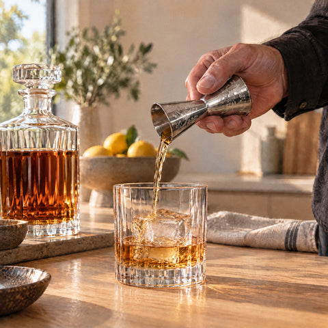 Main de barman versant du whisky ambré au doseur Pampre dans un verre bas à gros glaçon, carafe en cristal