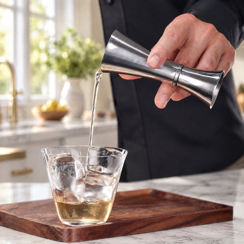 Main versant au doseur inox Once un filet d'alcool doré dans un verre strié à glaçons, îlot en marbre blanc