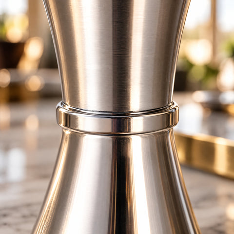 Gros plan sur la taille du doseur inox : un jonc annelé entre les deux cônes d'acier brillant, comptoir en marbre et plateau doré flous.