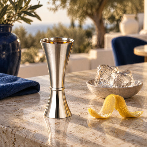 Doseur inox Once debout, grand cône rempli à ras de whisky ambré, zeste de citron et coupelle de deux glaçons