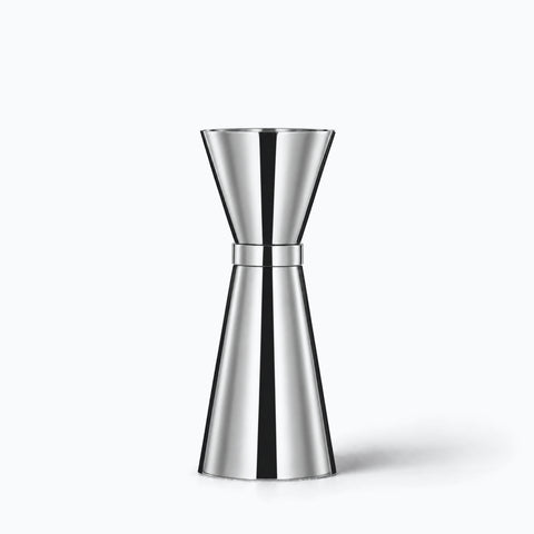 Doseur sablier Bascule seul sur fond blanc, double cône en acier inoxydable poli miroir, ombre portée