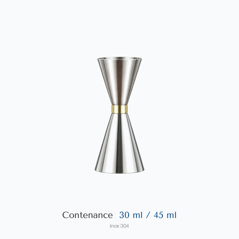 Double doseur Hakari coté sur fond blanc : contenances de 3 cl et 4,5 cl