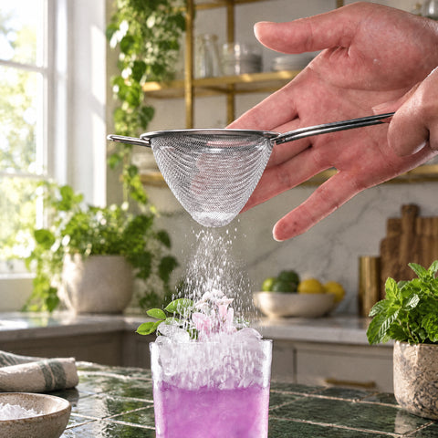 Passoire Maille tenue en main au-dessus d'un verre highball avec glace pilée et brin de menthe, comptoir carrelé vert foncé