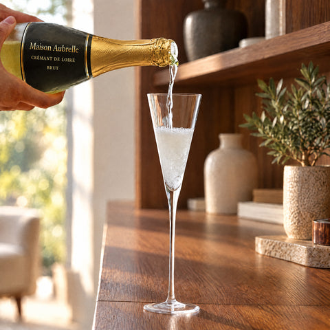 Main versant un vin effervescent d'une bouteille étiquetée dans la flûte à champagne Trompette, mousse et bulles