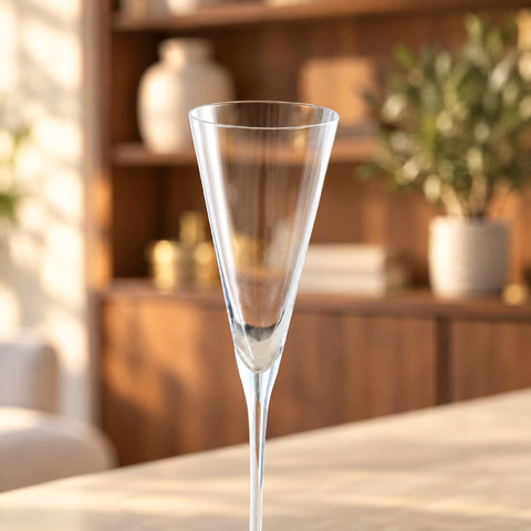 Flûte à champagne Trompette vide, calice en V et jambe fine, sur une table devant une étagère en noyer, un vase et une plante flous.