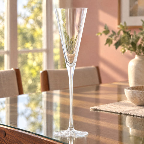 La flûte à champagne Trompette sur une table à plateau de verre au soleil de fin d'après-midi, mur rose poudré flou