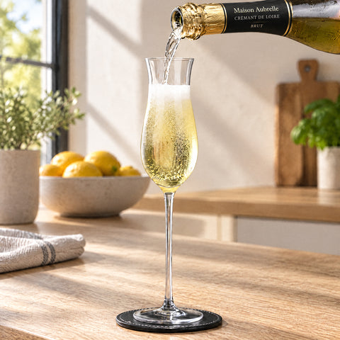 Vin effervescent versé d'une bouteille étiquetée dans la flûte à champagne Campanule, sur un dessous de verre en cuir