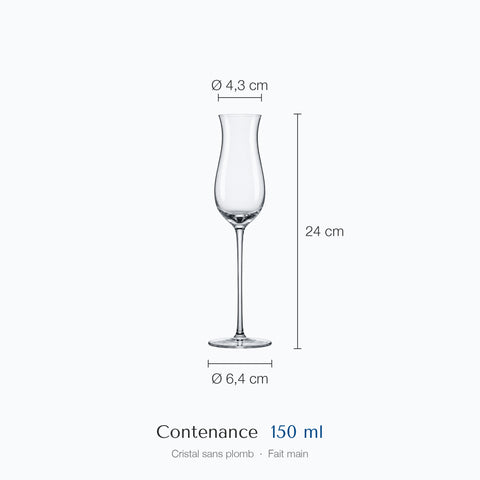 Cotes de la flûte à champagne Campanule : hauteur 24 cm, diamètre du haut 4,3 cm et de la base 6,4 cm, contenance 15 cl