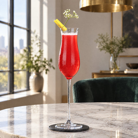 Cocktail rouge garni d'un brin de fleur blanche dans la flûte à champagne Campanule, table ronde en marbre blanc