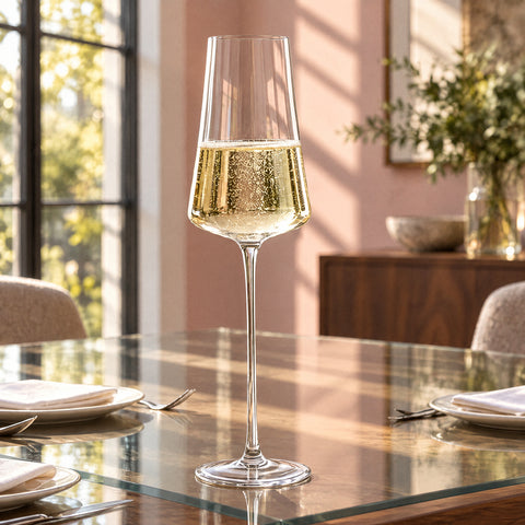 Flûte à champagne Nervure servie de vin pétillant pâle, fines bulles, entre assiettes et serviettes pliées, mur rose poudré