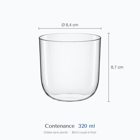 Dimensions du verre à whisky Voile : hauteur 8,7 cm, diamètre du haut 8,4 cm, contenance 32 cl