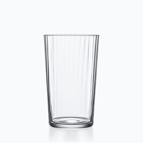 gobelet strié soufflé bouche en verre incolore, sans pied, stries verticales et bord lisse
