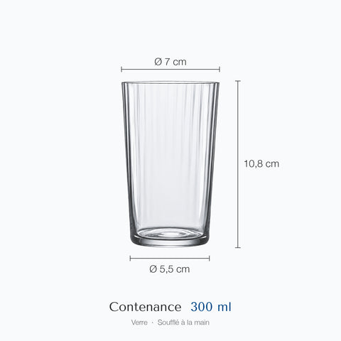 Cotes du gobelet strié Écorce : hauteur 10,8 cm, diamètre du haut 7 cm, de la base 5,5 cm, contenance 30 cl