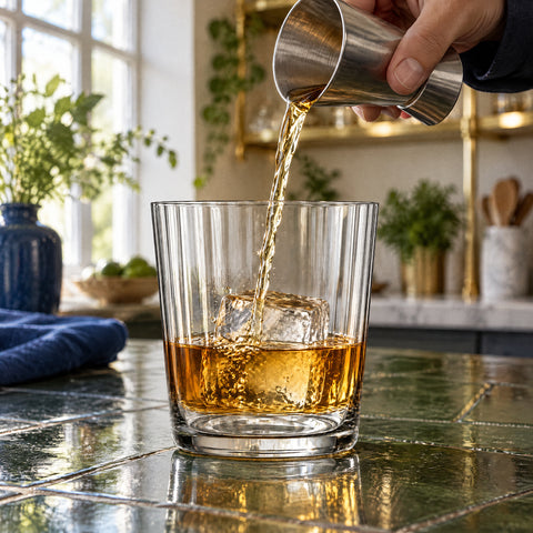 Main versant du whisky au jigger dans le gobelet en verre soufflé Dorique avec glaçon, comptoir en carreaux vert foncé